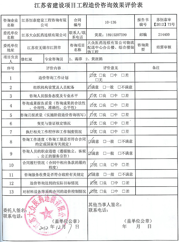 大众医药连锁有限公司物流配送中心办公楼、综合楼装饰工程评价表